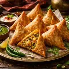 En bricka med gyllene, fyllda samosas. Serveras med grön chutney, yoghurt och citronklyftor. Perfekt för ett samosa recept.