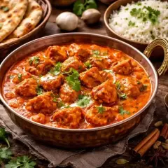 En härlig indisk sås med köttbullar i en koppartunna, serverad med naanbröd och ris. Kryddor som gurkmeja och chili syns bredvid.
