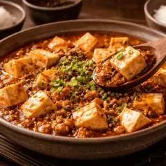 En skål med mustig asiatisk sås med tofu och köttfärs, toppad med salladslök. En träsked lyfter upp en bit tofu.