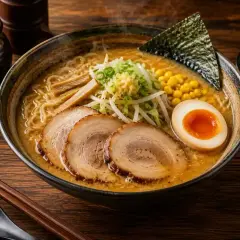 En skål med ångande ramen, fylld med nudlar, fläsk, ägg och majs i en rik ramen buljong.