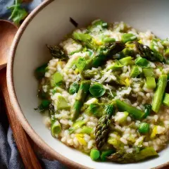 Krämig risotto med sparris och gröna ärtor, perfekt för ett lätt lunchrecept.