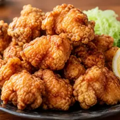 En tallrik med gyllene, krispiga karaage kycklingbitar, serverad med en citronklyfta, majonnäs och lite grönt.