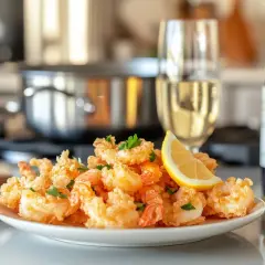 En tallrik med krispig prawn tempura, garnerad med citron och persilja, bredvid ett glas vitt vin och en flaska.