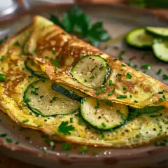 En gyllene omelett fylld med skivad zucchini, toppad med gräslök och persilja. Ett perfekt zucchini recept för en snabb och god måltid.