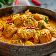 En krämig kycklingcurry med bitar av chili och färsk persilja. En härlig rätt som visar vad som kan innehålla curry.