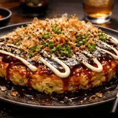 En läcker okonomiyaki med generöst med okonomiyaki sås, majonnäs, sesamfrön och grön lök.