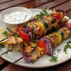 Grillade kycklingspett i ugn med grönsaker och en klyfta citron. Serveras med en krämig yoghurtsås.
