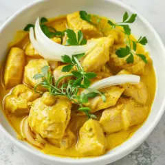 En krämig kycklingcurry med kokosmjölk, lök och persilja. En härlig coconut bean curry som ser utsökt ut.