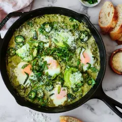 Grön shakshuka med ägg, avokado och jalapeño i gjutjärnspanna. Perfekt för ett smakrikt shakshuka recept.