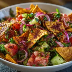 En härlig fattoush sallad med krispiga pitabröd, tomater, gurka, rödlök och färska örter, strödd med sumak.