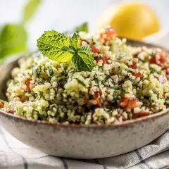 En skål med tabbouleh, en bulgursallad med tomat, persilja och mynta. Perfekt att koka bulgur i riskokare för.