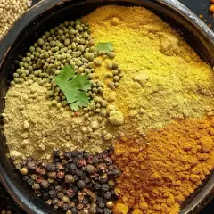 En skål med olika kryddor, inklusive en blandning för masala krydda. Korianderfrön, pepparkorn och gurkmeja syns också.