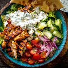 En härlig grekisk bowl med grillad kyckling, krispig sallad, tomater, gurka, rödlök, fetaost och en krämig sås.
