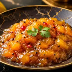 En skål med gyllene mangobitar, kryddad med chili och koriander. Perfekt för ditt mango chutney recept.