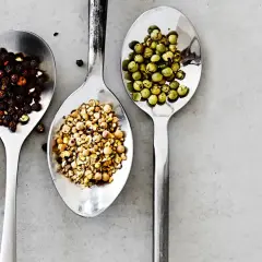 Fyra skedar med kryddor: rött salt, svartpeppar, krossad vitpeppar och gröna pepparkorn. En visuell jämförelse av kryddpeppar vs svartpeppar.