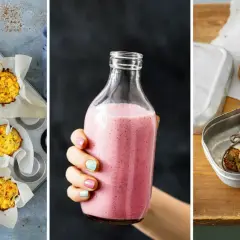 Små muffins, rosa smoothie och hembakade bars med äpple. Perfekta tamarisoja alternativ för en hälsosam fika.