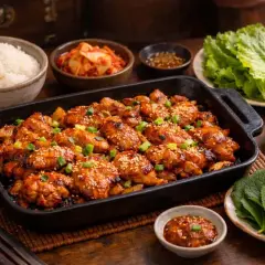 En härlig asiatisk kycklingrätt i en gjutjärnspanna, serverad med ris, kimchi och färska salladsblad.