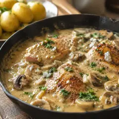 Kyckling i krämig champinjonssås i gjutjärnspanna, med kokt potatis i bakgrunden.