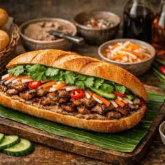 En saftig banh mi med grillat kött, färska grönsaker och koriander, serverad på en bananlöv.