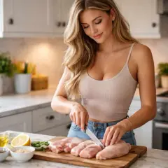En kvinna förbereder genomstekt kyckling i ett modernt kök. Ingredienser som citron och örter ligger redo.