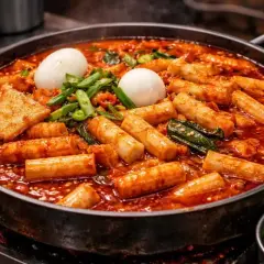 En stor panna med rykande het tteokbokki, perfekt för ett svenskt tteokbokki recept. Med riskakor, ägg och grönsaker.