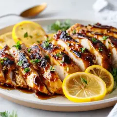 Saftig, skivad marinad kyckling med glaserad yta, garnerad med citronskivor och persilja. En gyllene sked ligger i bakgrunden.