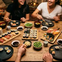 Vänner njuter av en mysig middag med många olika sushi ingredienser, miso och edamame.