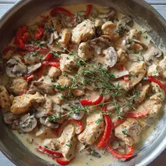 En krämig pepper chicken-panna med saftiga kycklingbitar, champinjoner och röd paprika, toppad med färsk timjan.