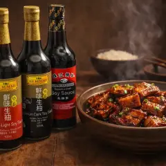 Tre flaskor Lee Kum Kee, inklusive Premium Light Soy Sauce och Superior Dark Soy Sauce, bredvid en skål med ångande, glaserat kött. Denna soya ger en djup smak.