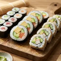 En vacker uppsättning av olika typer av sushi, med lax, tonfisk, gurka och avokado, serverad på en träskärbräda med ingefära och wasabi.