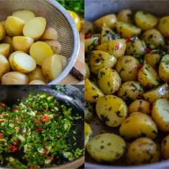 Små, delade potatisar blandas med en kryddig örtblandning. En härlig batata harra som väntar på att serveras.