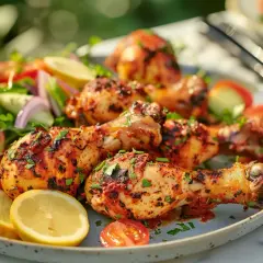 Grillade kycklingklubbor med en fräsch sallad och citronklyftor. Ett perfekt kycklingklubbor recept för sommaren!