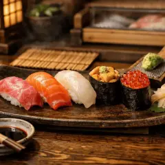 En vacker tallrik med olika sushi, inklusive nigiri med tonfisk och lax, samt gunkanmaki med havsborre och rom. Dessa risrätter ser utsökta ut.