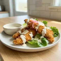 Krispiga panko kycklingstrimlor serveras på en bädd av sallad med parmesan och en krämig dressing. En liten skål med dressing står bredvid.