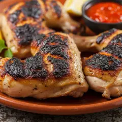 Grillad kyckling med krispig skinn, serverad med citronklyftor och en skål med het piri piri-sås. Perfekt för ett smakrikt piri piri recept!