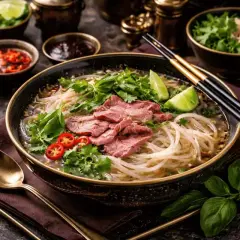 En skål med pho recept, fylld med nudlar, tunt skivat kött, färska örter, chili och lime. En aptitretande vietnamesisk rätt.