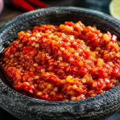 En skål med kryddig yuzu sås, omgiven av vitlök, chili och lime. Perfekt för att ge extra smak till din mat.