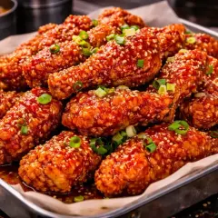 En bricka full med krispiga, glaserade bitar av koreansk friterad kyckling, toppad med sesamfrön och grön lök.