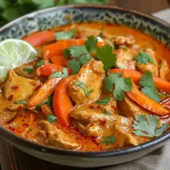 En skål med krämig thai curry med kyckling, morötter och koriander. En limeklyfta ligger på kanten.