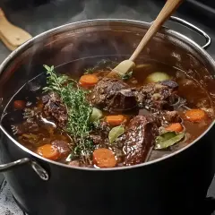 En stor gryta med kött, morötter och örter som puttrar. Det ser ut som att någon ska koka kalkon eller en mustig gryta.