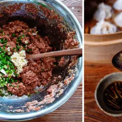Färs med vårlök och vitlök för dumplings. En ångad dumpling på en sked över en skål med dumpling sås.