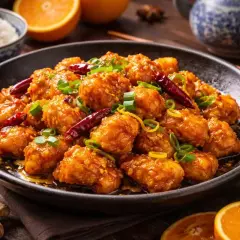 Krispiga kycklingbitar i en glansig apelsinsås, garnerade med chili och salladslök. Ett läckert orange chicken recept.