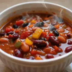 Varm, ångande chili sin carne i en vit skål, fylld med bönor, tomater och paprika. En härlig vegetarisk rätt.