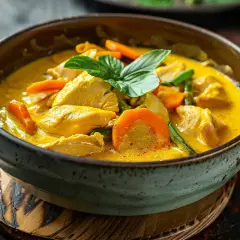 En skål med krämig gul curry med kyckling, morötter och gröna bönor, toppad med färsk basilika. En härlig rätt som doftar av exotiska kryddor.