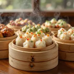 Dimmiga bambukorgar med ånga stiger från läckra dumplings.