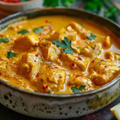 En krämig kycklingcurry i en skål, perfekt för ett snabbt currypasta recept. Garnerad med färsk persilja och en citronklyfta.