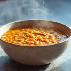 Varm, ångande linsgryta i en skål, perfekt för ett enkelt daal recept.