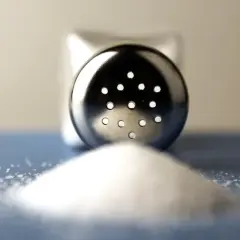 En saltkvarn med en hög av salt framför. Kanske dags att neutralisera saltet i maten?