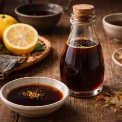 En flaska med mörk ponzu sås står bredvid en skål med samma sås, omgiven av citroner, torkad kelp och bonito-flingor.