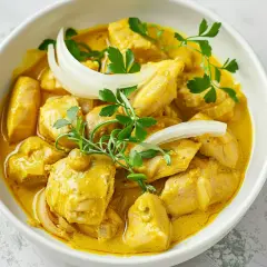 Kyckling i krämig gul currysås med lök och persilja. En smakrik rätt som lyfter fram den underbara gul curry kryddan.
